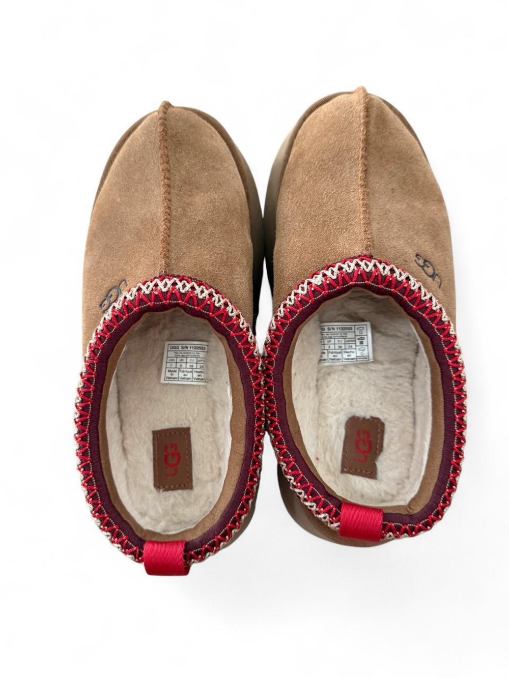 UGG Chestnut Suede Slip-On Slippers with Red Trim